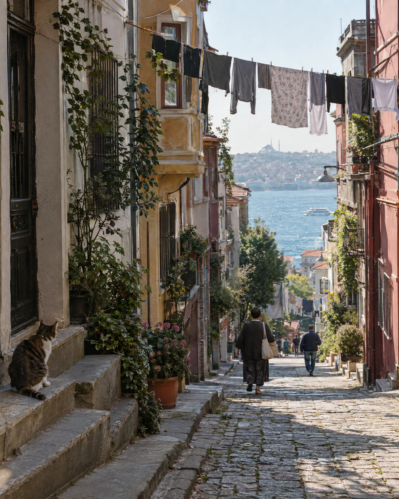 A steep street in Cihangir, Istanbul, with laundry lines and a glimpse of the Bosphorus
